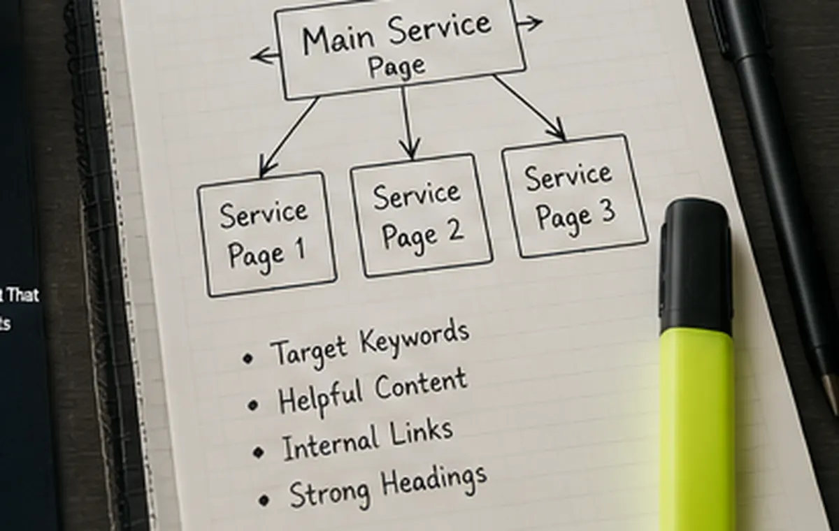 SEO content planning diagram for service pages, headings and internal links