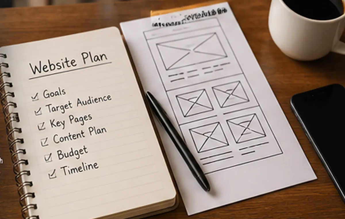 Website planning notebook and wireframe used to organize goals, pages and content