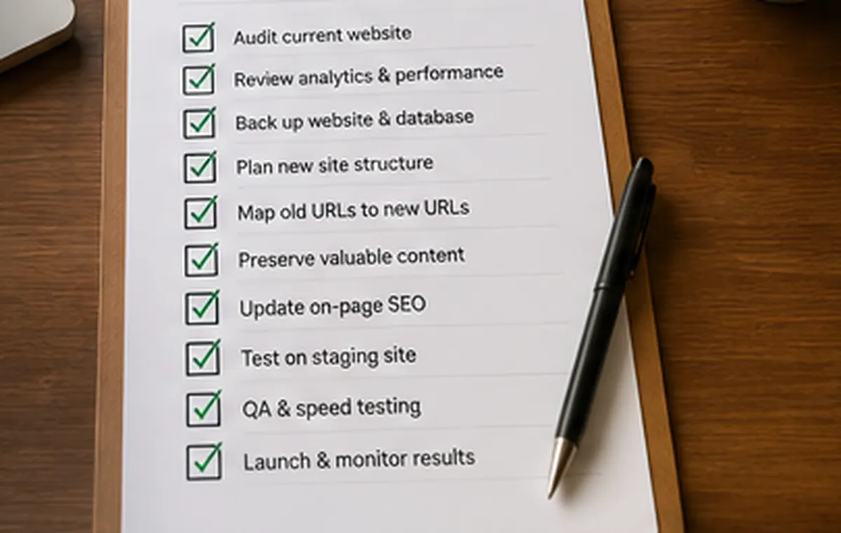 Website redesign checklist used to protect content, URLs and search visibility